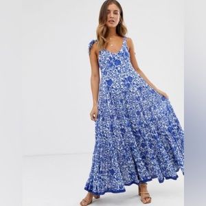 Free People Dress Maxi Blue Floral Tiered Shoulder Tie Strap Cotton Size Large
